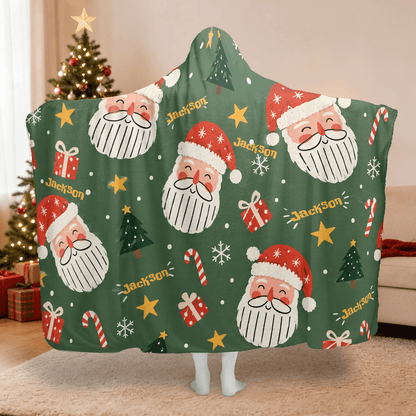 Personalized jolly Santa face pattern Christmas hooded blanket with custom name, back view