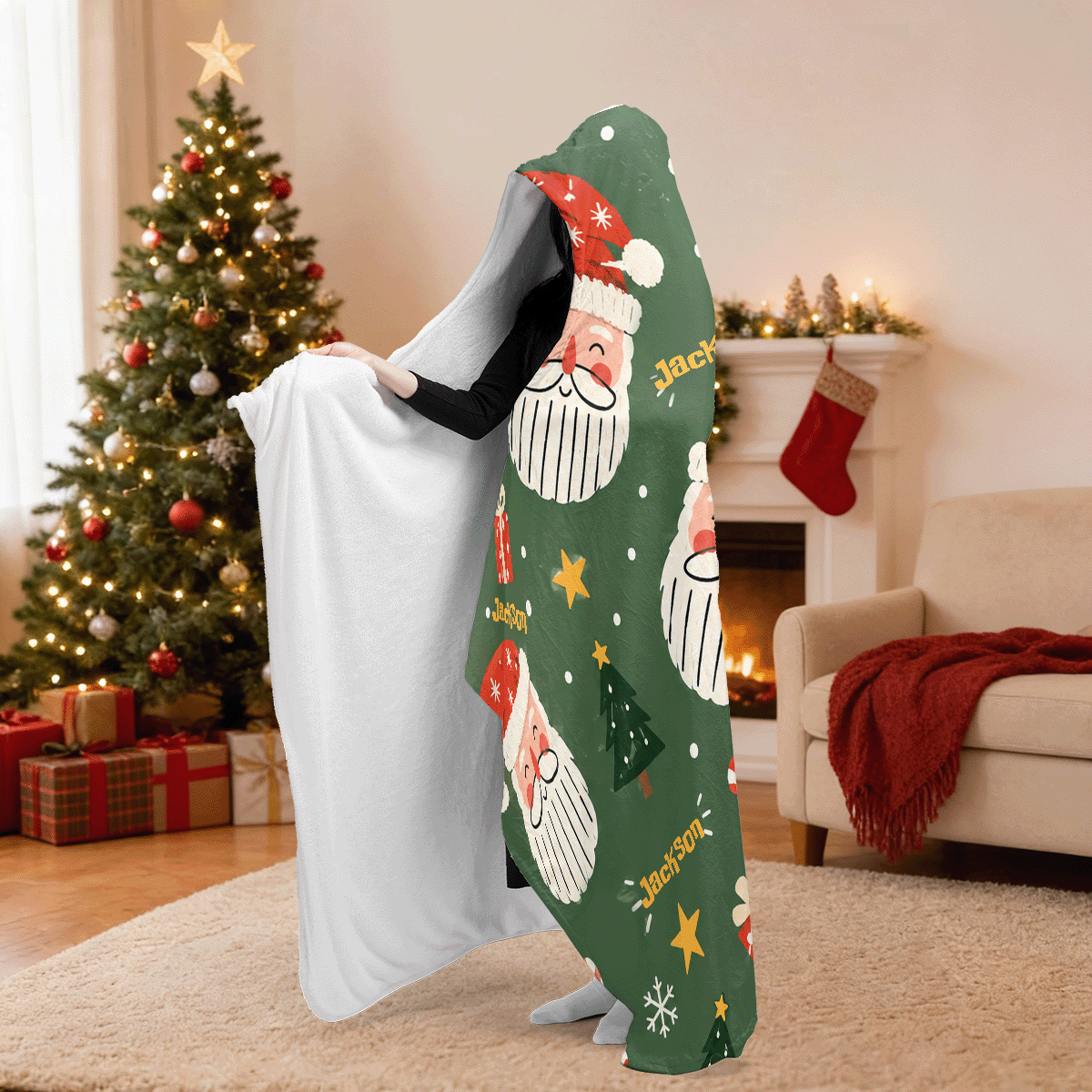 Personalized jolly Santa face pattern hooded blanket side view showing the sherpa lining