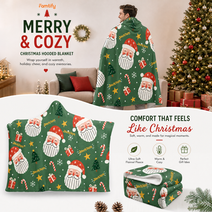 Custom name jolly Santa face pattern Christmas hooded blanket, view 3