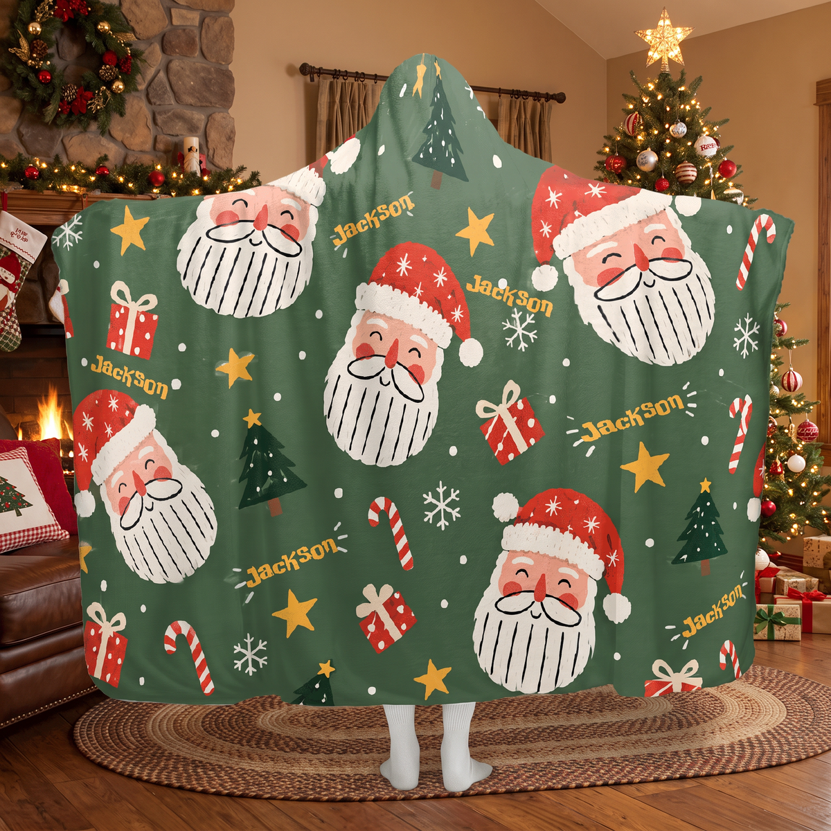 Custom name jolly Santa face pattern Christmas hooded blanket, view 4