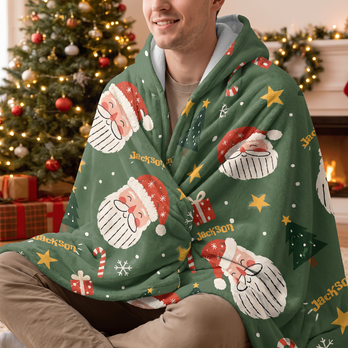 Custom name jolly Santa face pattern Christmas hooded blanket, view 5