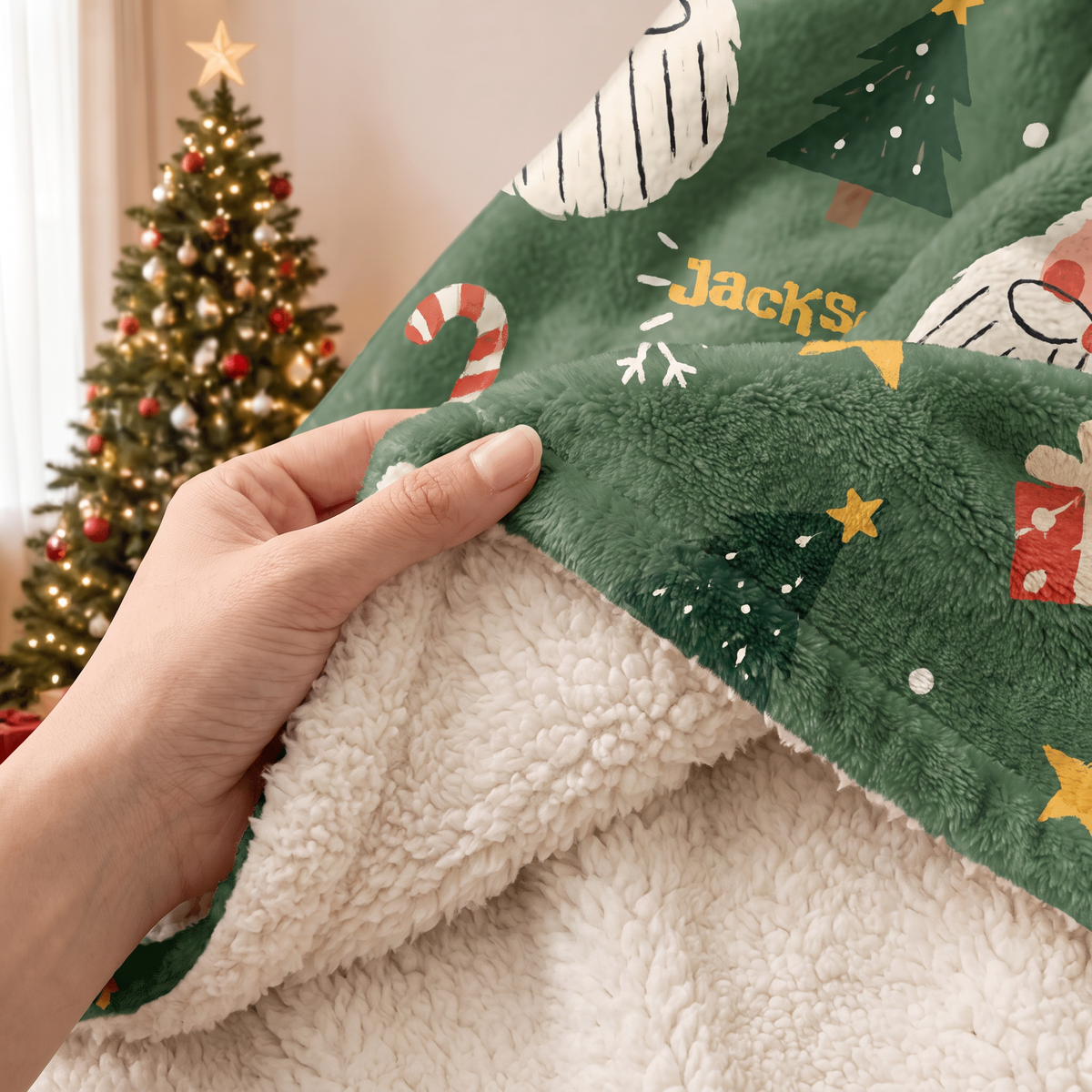 Custom name jolly Santa face pattern Christmas hooded blanket, view 6