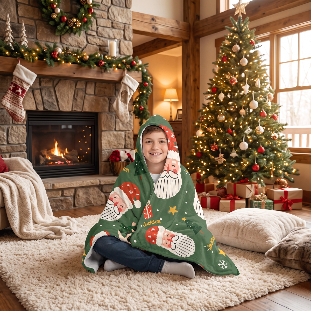 Custom name jolly Santa face pattern Christmas hooded blanket, view 8