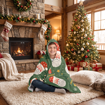 Custom name jolly Santa face pattern Christmas hooded blanket, view 8