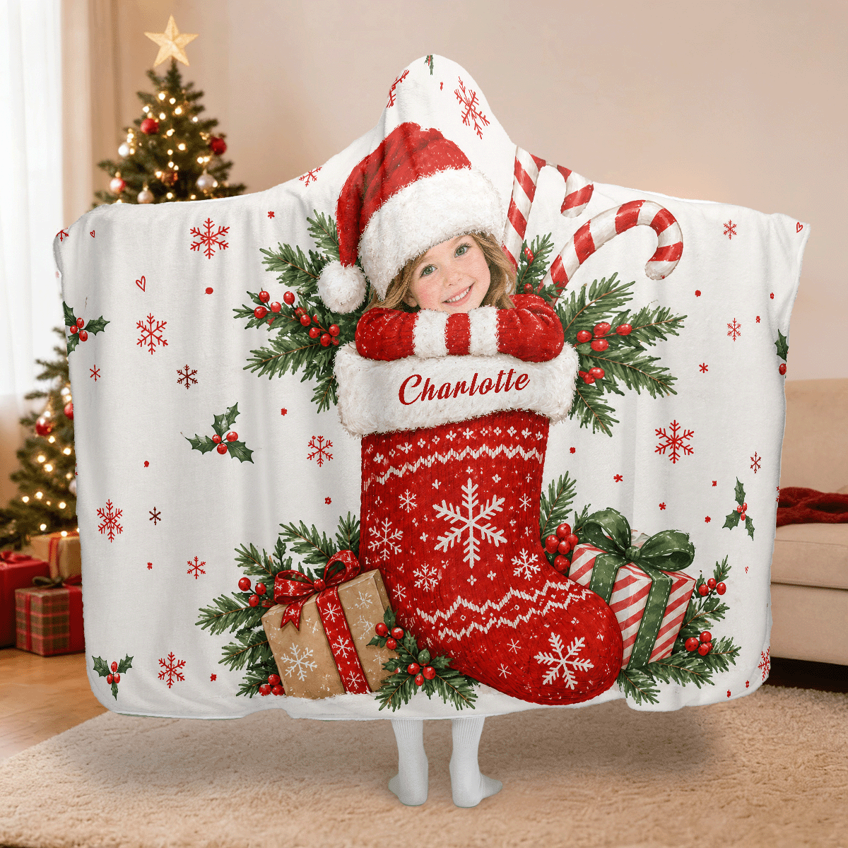 Personalized custom face Christmas stocking hooded blanket with custom name, back view