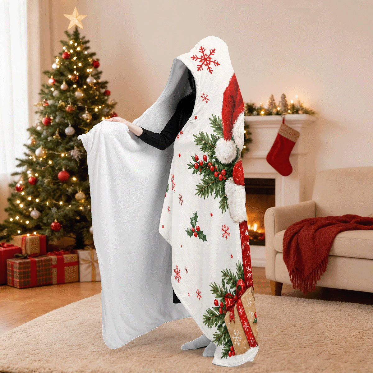 Personalized custom face Christmas stocking hooded blanket side view showing the sherpa lining