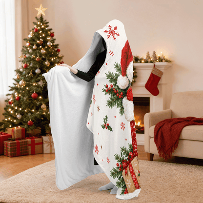 Personalized custom face Christmas stocking hooded blanket side view showing the sherpa lining