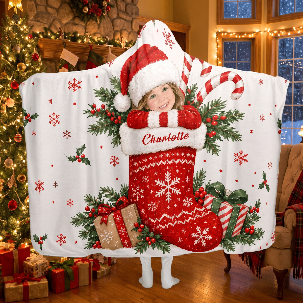 Custom name custom face Christmas stocking hooded blanket, view 3