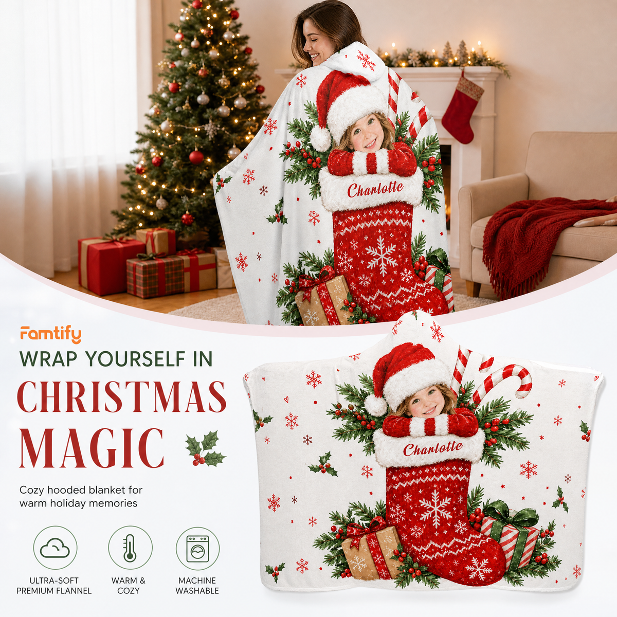 Custom name custom face Christmas stocking hooded blanket, view 7