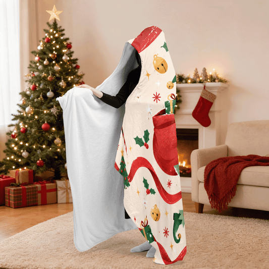 Personalized custom face Christmas elf sack hooded blanket side view showing the sherpa lining