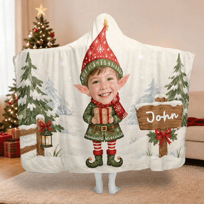 Personalized custom face Christmas elf boy sign hooded blanket with custom name, back view