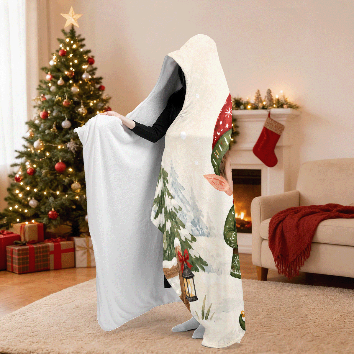Personalized custom face Christmas elf boy sign hooded blanket side view showing the sherpa lining