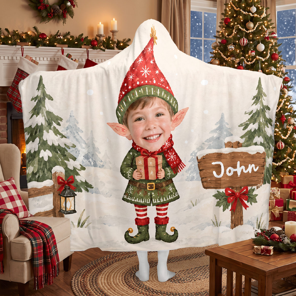 Custom name custom face Christmas elf boy sign hooded blanket, view 4