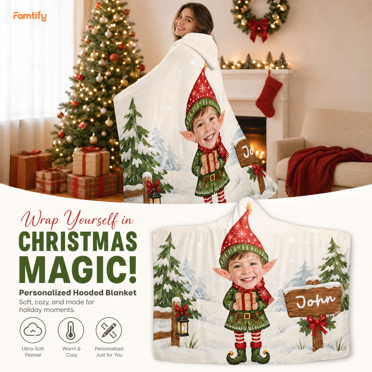 Custom name custom face Christmas elf boy sign hooded blanket, view 6