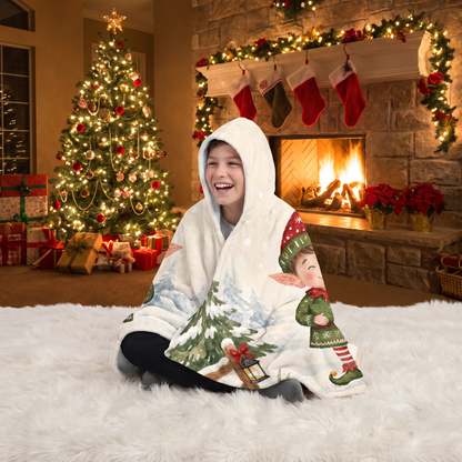 Custom name custom face Christmas elf boy sign hooded blanket, view 7