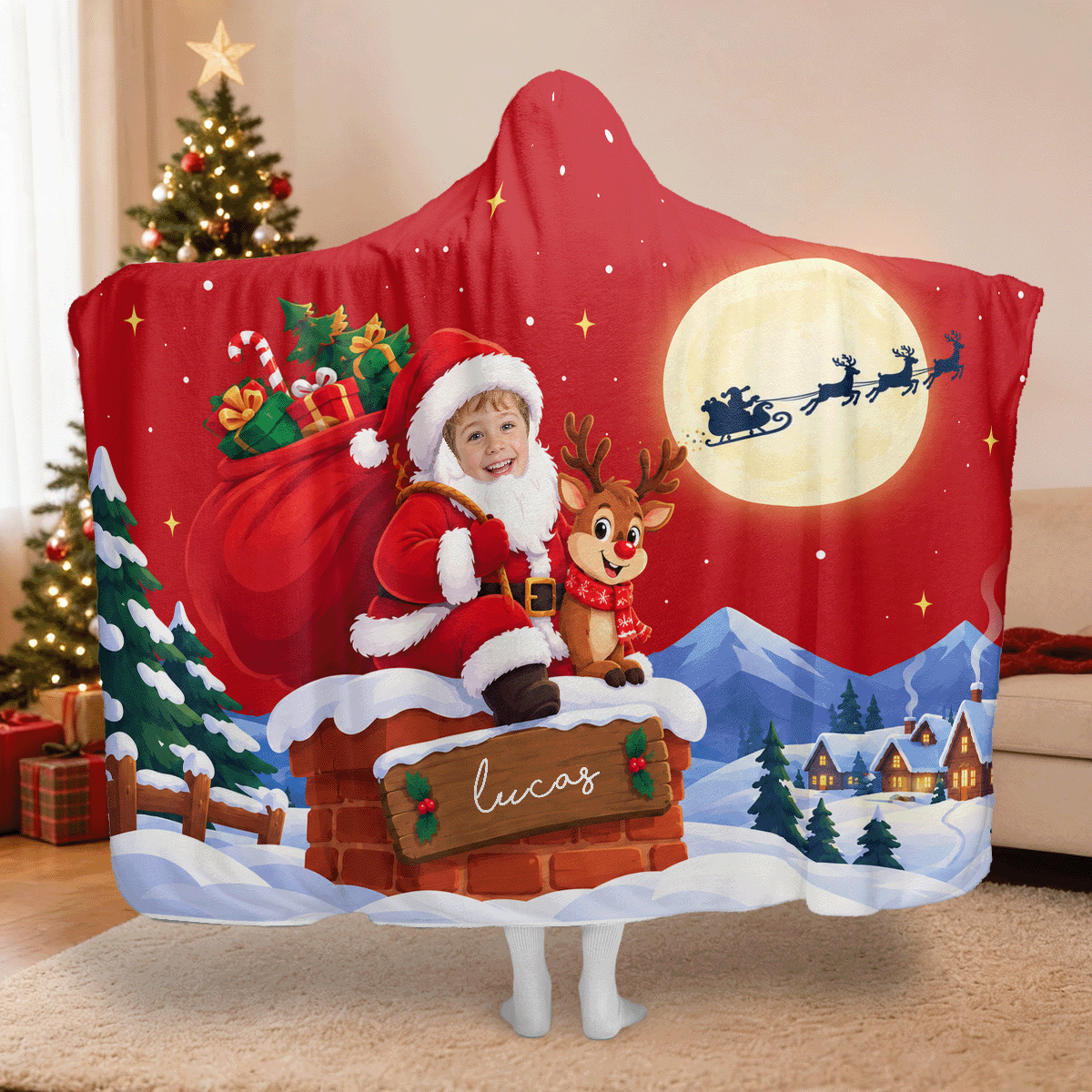 Personalized custom face Santa chimney sleigh Christmas hooded blanket with custom name, back view