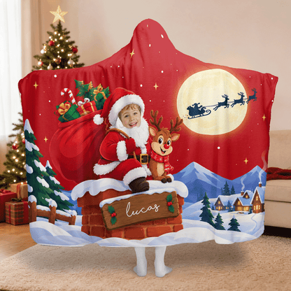 Personalized custom face Santa chimney sleigh Christmas hooded blanket with custom name, back view