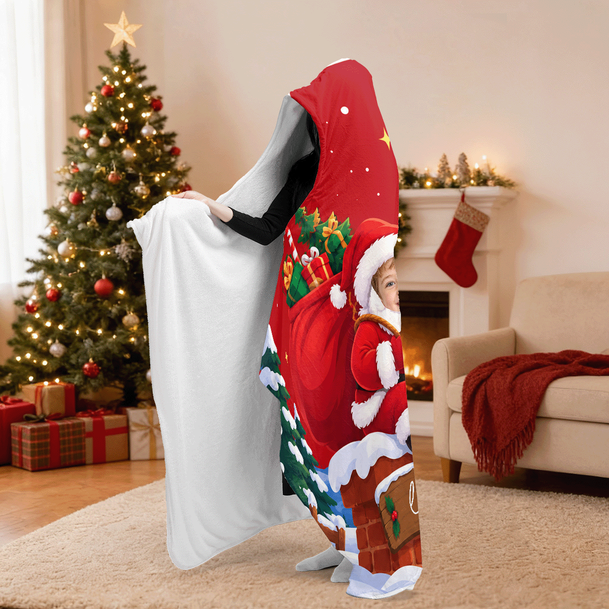 Personalized custom face Santa chimney sleigh hooded blanket side view showing the sherpa lining