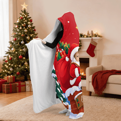 Personalized custom face Santa chimney sleigh hooded blanket side view showing the sherpa lining