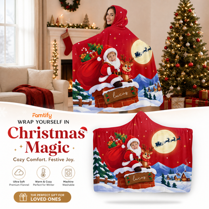 Custom name custom face Santa chimney sleigh Christmas hooded blanket, view 3
