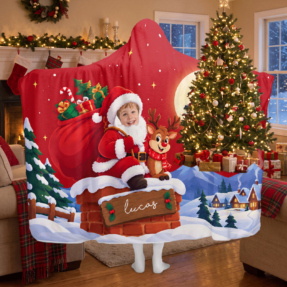 Custom name custom face Santa chimney sleigh Christmas hooded blanket, view 4