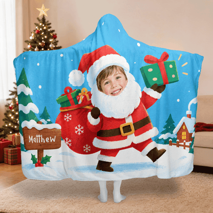 Personalized custom face Santa gift sack sign Christmas hooded blanket with custom name, back view