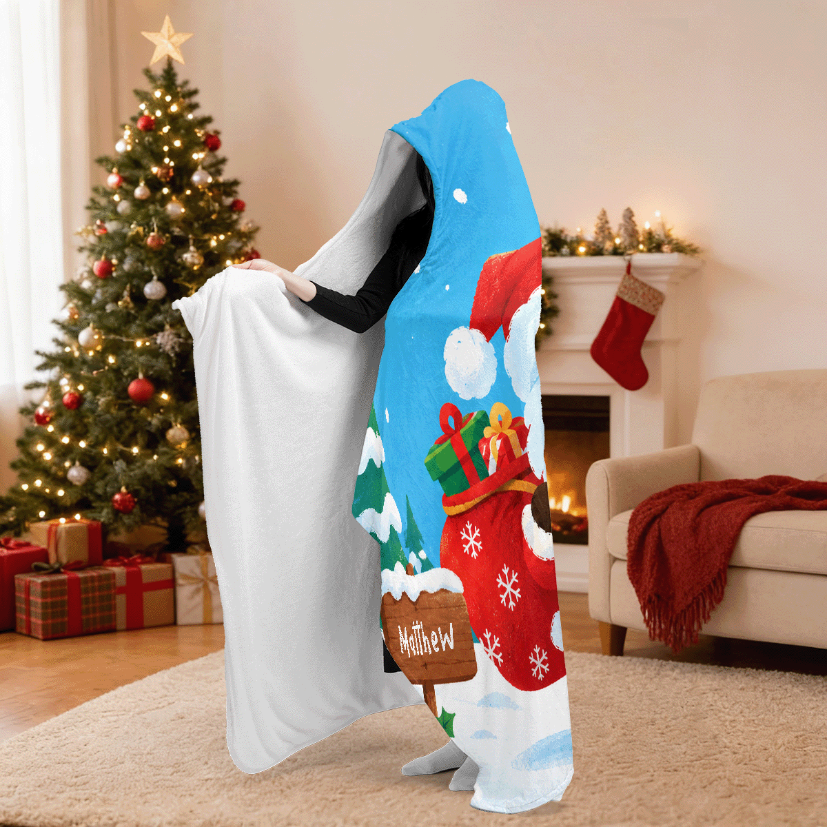 Personalized custom face Santa gift sack sign hooded blanket side view showing the sherpa lining