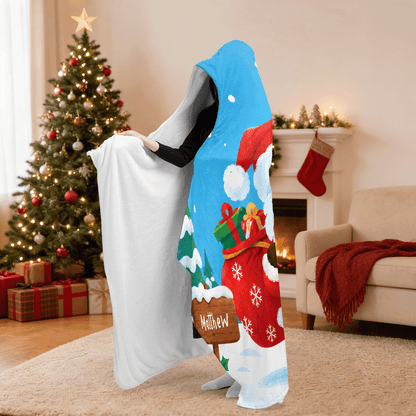 Personalized custom face Santa gift sack sign hooded blanket side view showing the sherpa lining