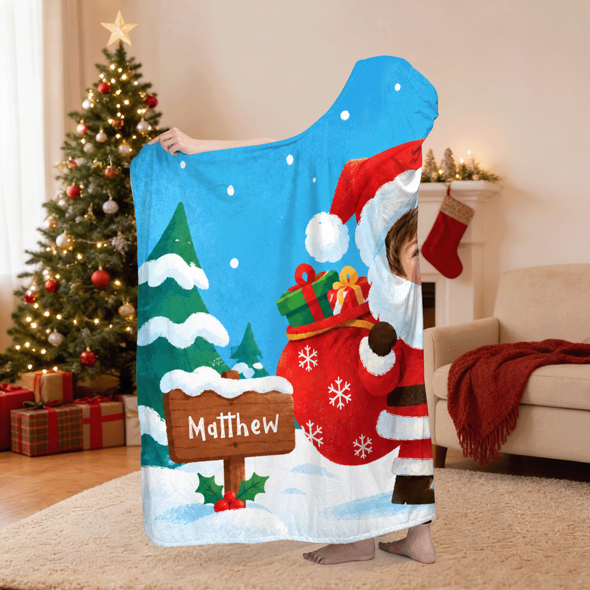 Custom name custom face Santa gift sack sign Christmas hooded blanket, view 3