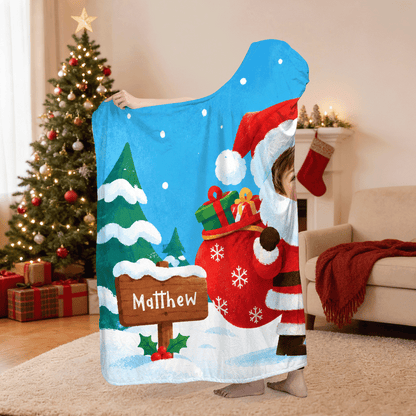 Custom name custom face Santa gift sack sign Christmas hooded blanket, view 3