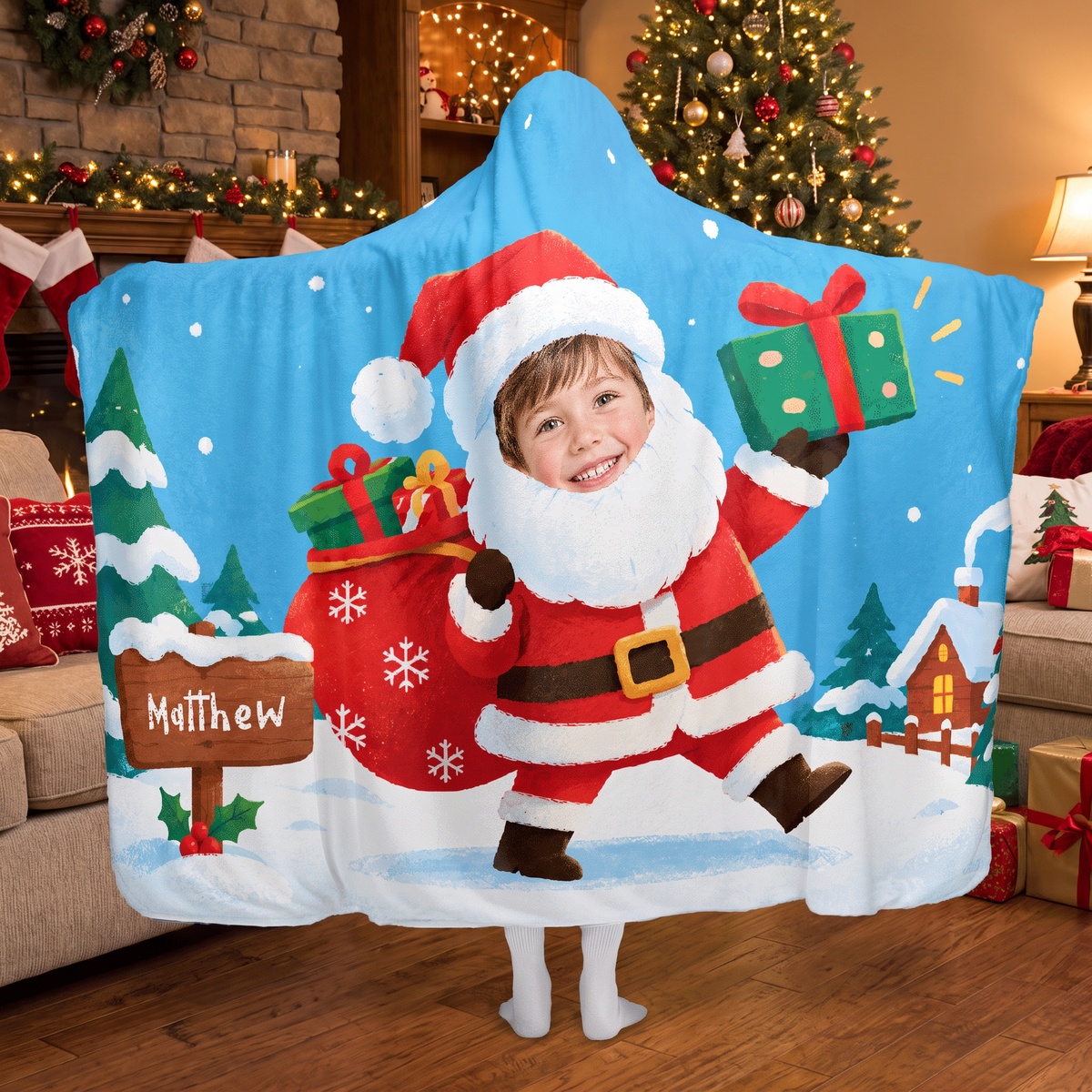 Custom name custom face Santa gift sack sign Christmas hooded blanket, view 5