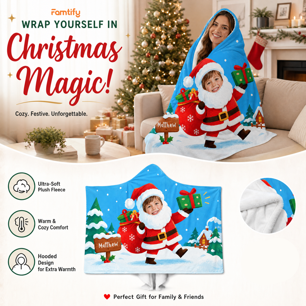 Custom name custom face Santa gift sack sign Christmas hooded blanket, view 6
