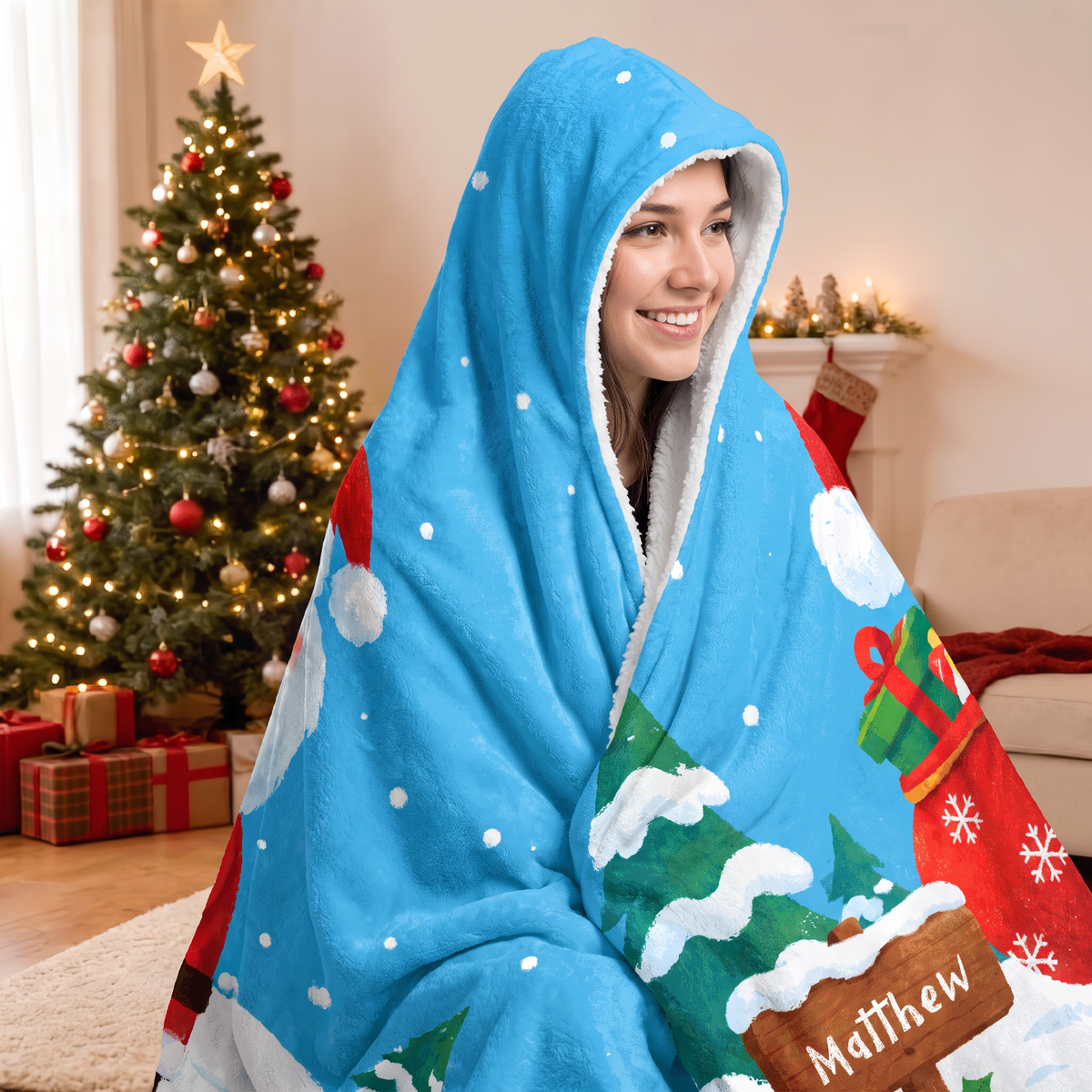 Custom name custom face Santa gift sack sign Christmas hooded blanket, view 8