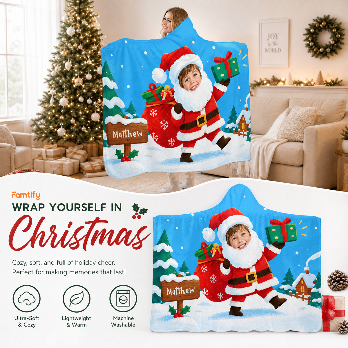 Custom name custom face Santa gift sack sign Christmas hooded blanket, view 9