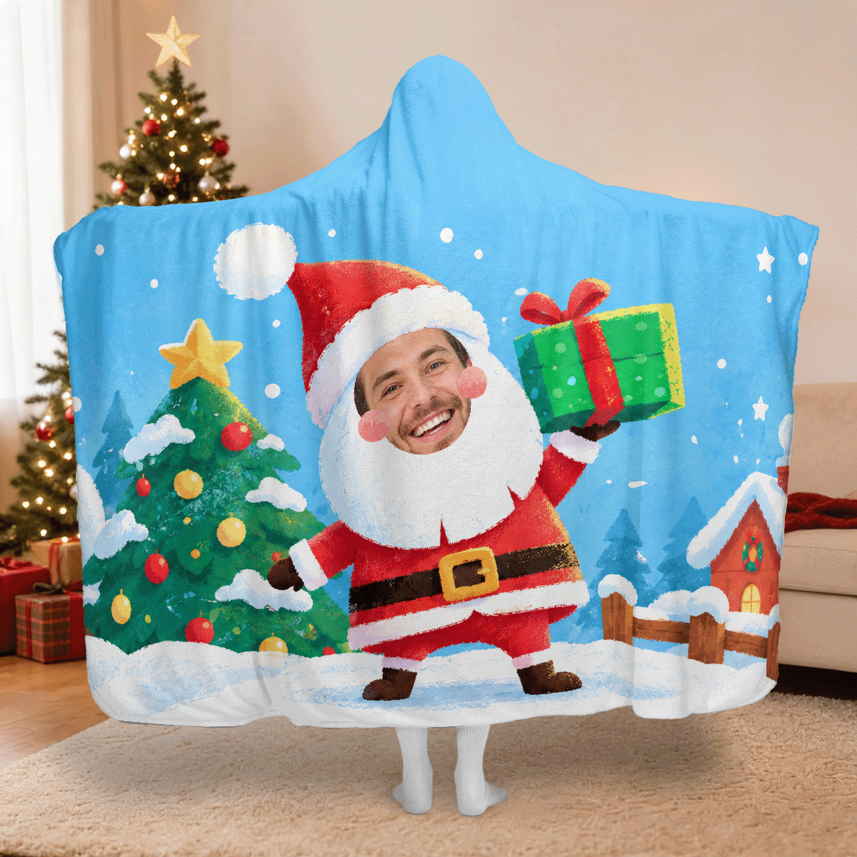 Personalized custom face Santa Christmas tree hooded blanket with custom photo, back view