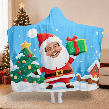 Personalized custom face Santa Christmas tree hooded blanket with custom photo, back view