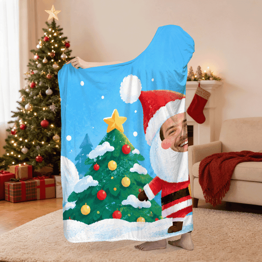 Personalized custom face Santa Christmas tree hooded blanket side view showing the sherpa lining