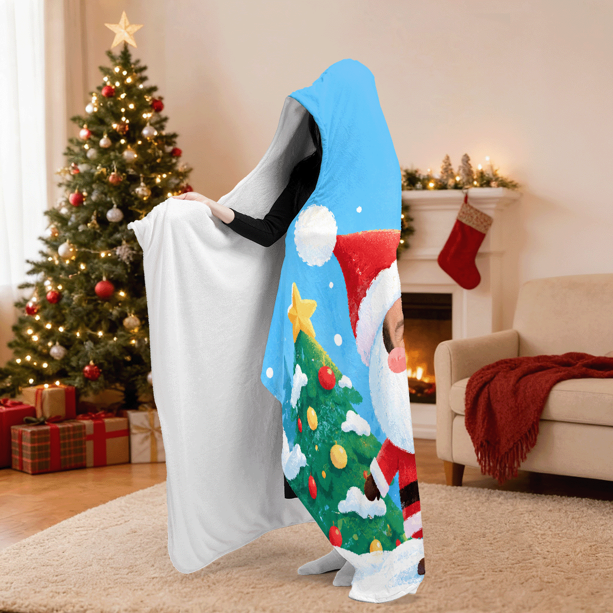 Custom photo Santa Christmas tree hooded blanket, view 3