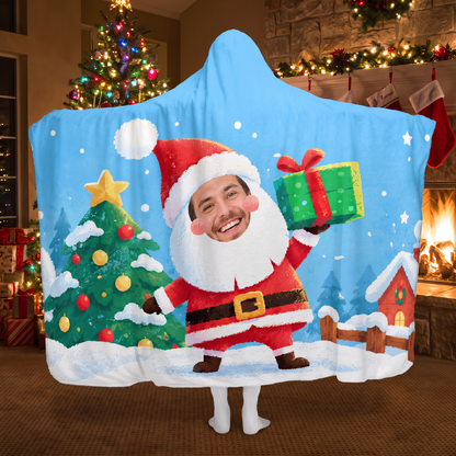 Custom photo Santa Christmas tree hooded blanket, view 4