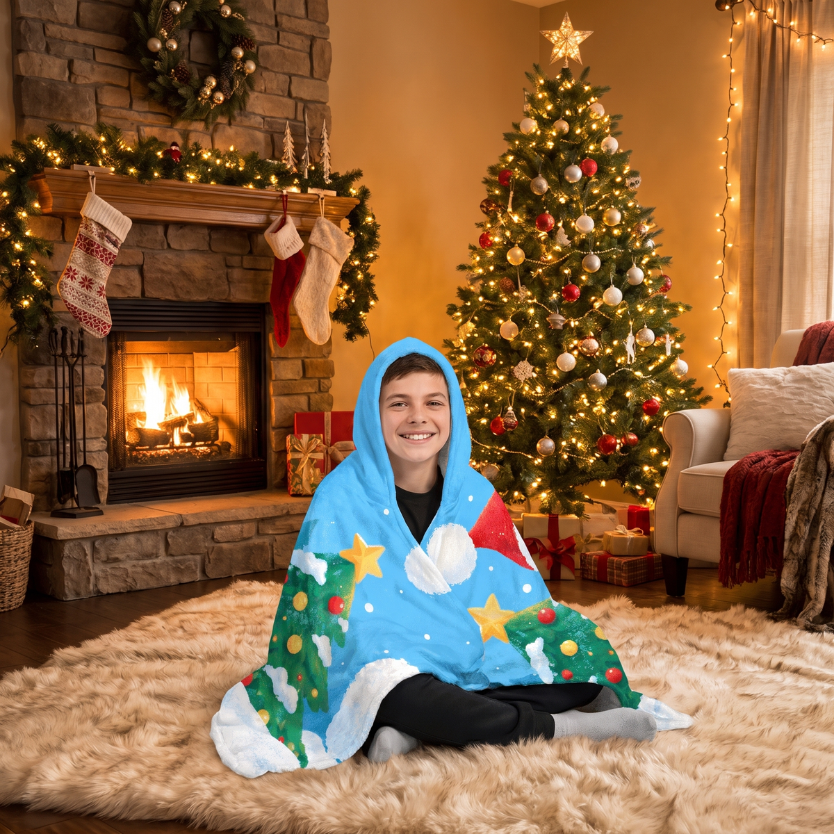 Custom photo Santa Christmas tree hooded blanket, view 6