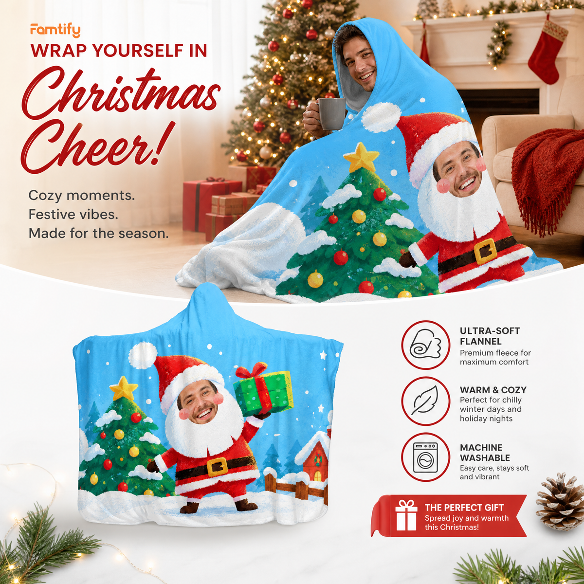 Custom photo Santa Christmas tree hooded blanket, view 8
