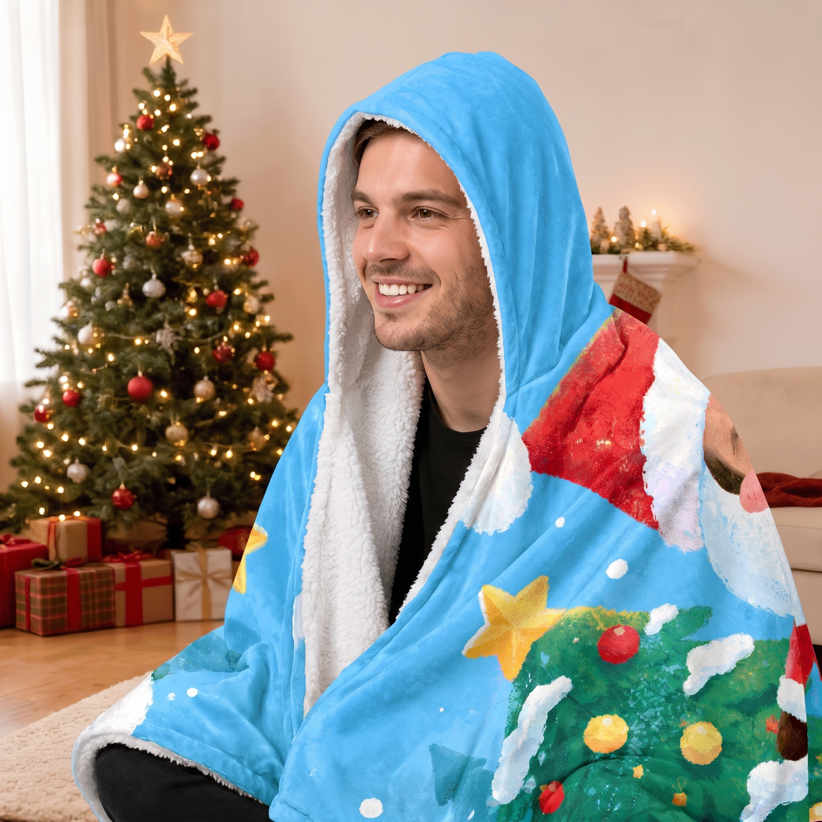 Custom photo Santa Christmas tree hooded blanket, view 9