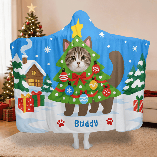 Personalized custom pet photo cat Christmas tree hooded blanket with custom name, back view
