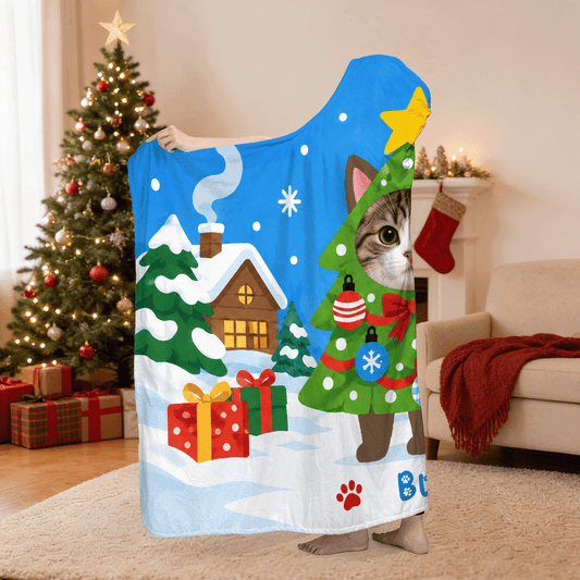 Personalized custom pet photo cat Christmas tree hooded blanket side view showing the sherpa lining