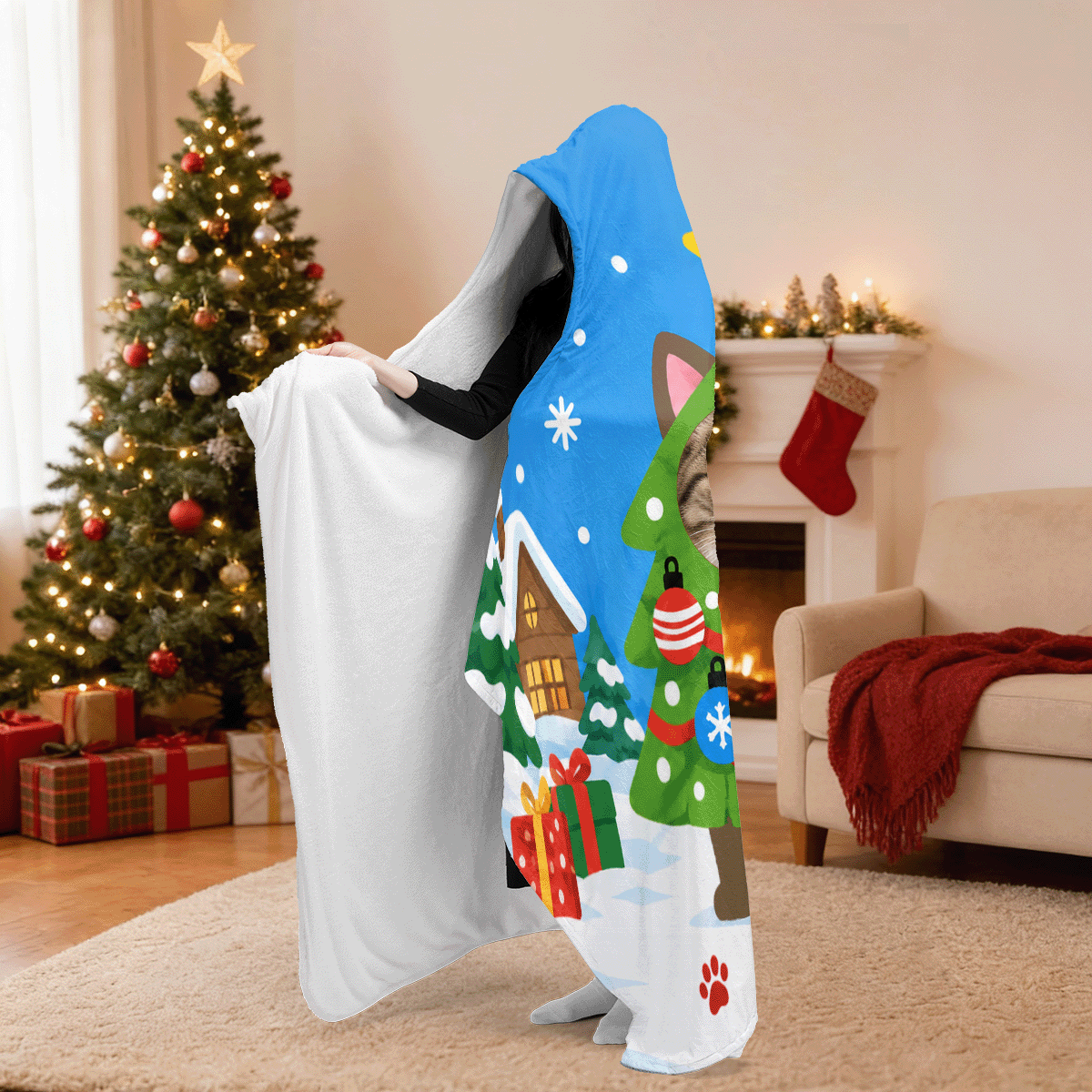 Custom name custom pet photo cat Christmas tree hooded blanket, view 3