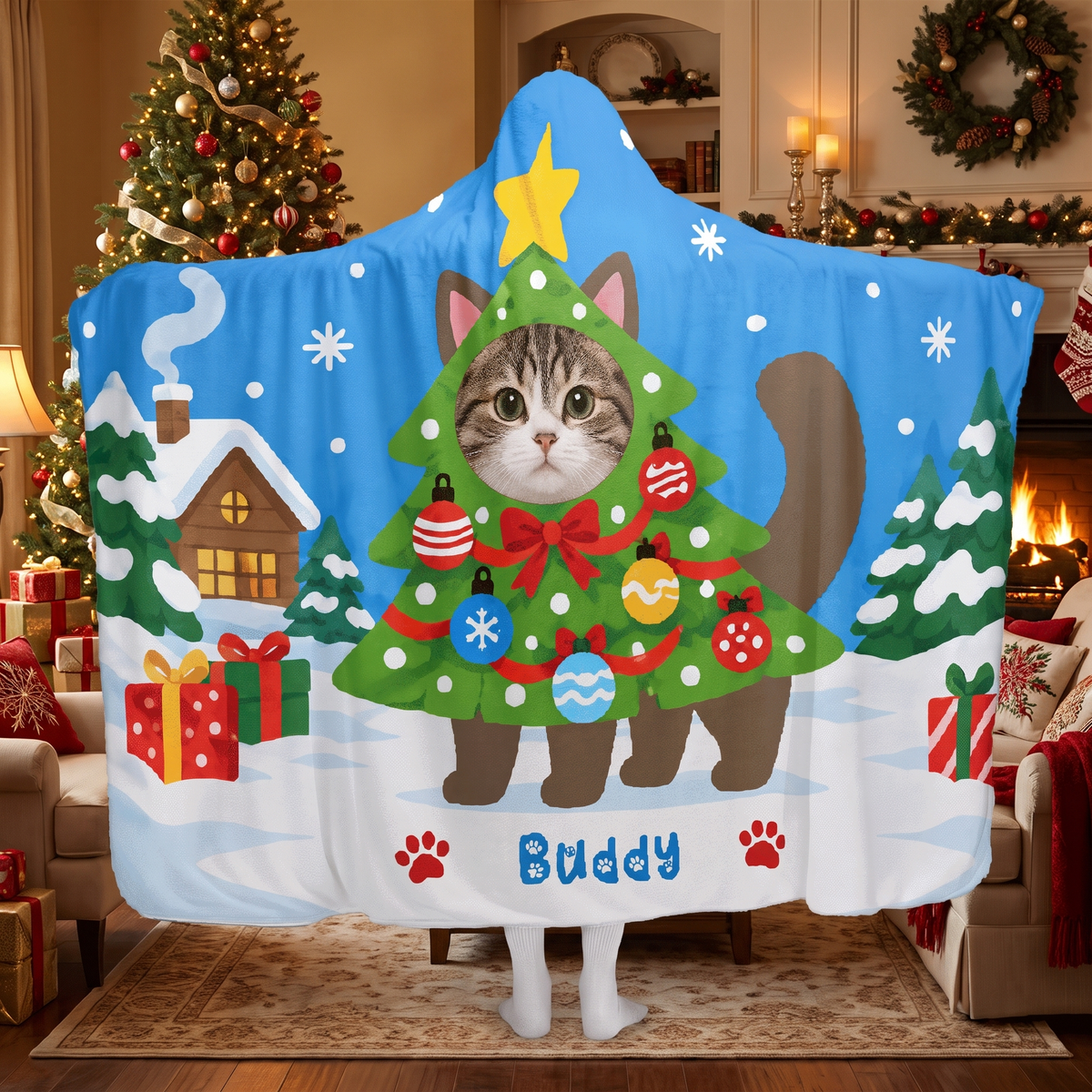 Custom name custom pet photo cat Christmas tree hooded blanket, view 4