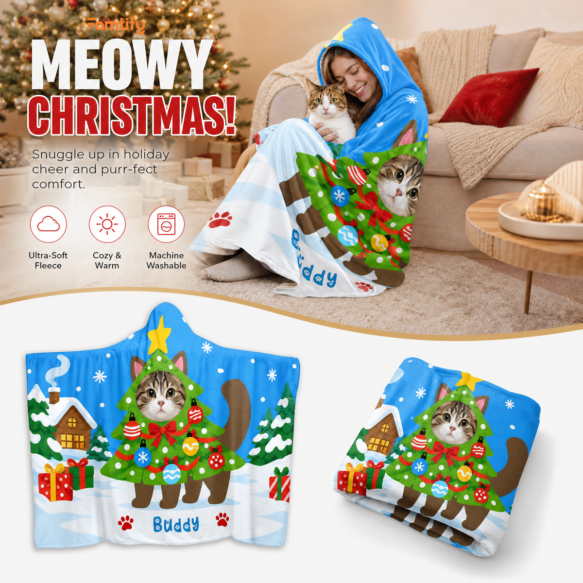 Custom name custom pet photo cat Christmas tree hooded blanket, view 5