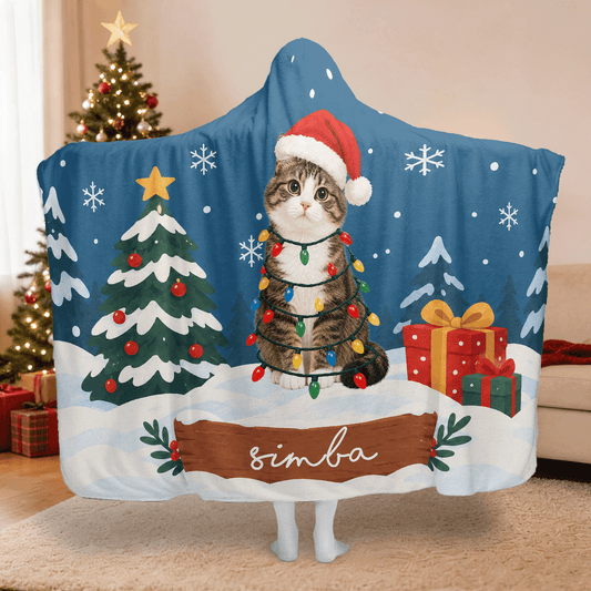 Personalized custom pet photo Santa hat snowy night Christmas hooded blanket with custom name, back view