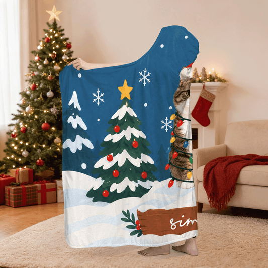 Personalized custom pet photo Santa hat snowy night hooded blanket side view showing the sherpa lining