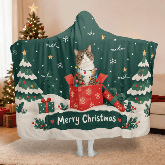 Personalized custom pet photo gift box Merry Christmas hooded blanket with custom name, back view